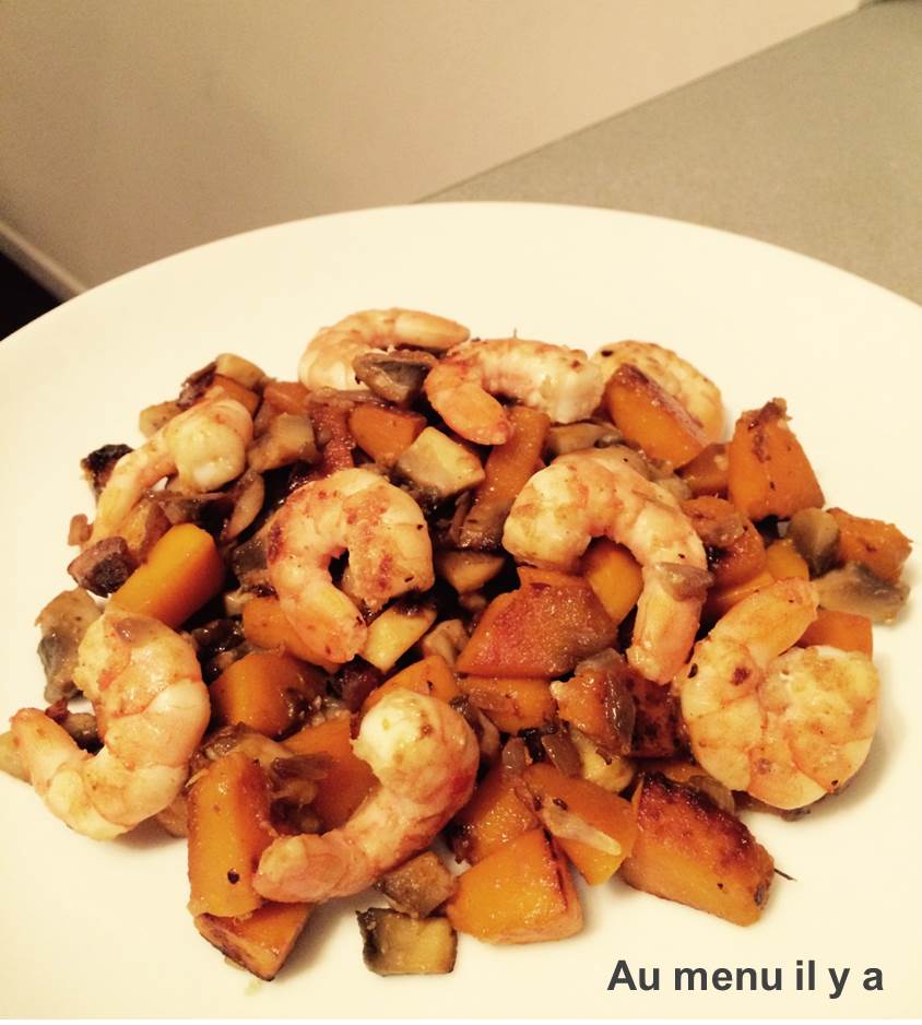 [Recette] Poêlée de crevettes au potimarron et champignon